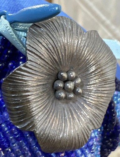 Millicent Fine Handbag Blue Beaded Flower Purse Long Bead Strap W/ Silver Poppy - Picture 10 of 11