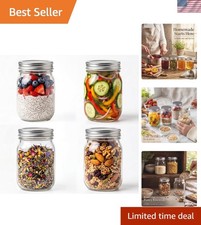 Set of 4 Elegant 16 oz Clear Glass Mason Jars with Silver Lids for Food Storage