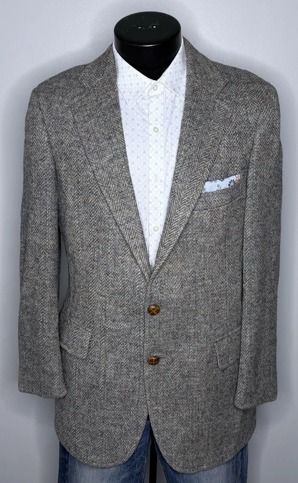 Vintage Chaps Ralph Lauren Tweed Wool Herringbone Windowpane Blazer 38R Leather - Image 2 of 4