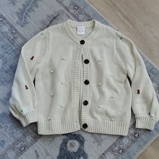 Hanna Andersson Girls Ecru Embroidered Bobble Cardigan Sweater Sz120/6-7