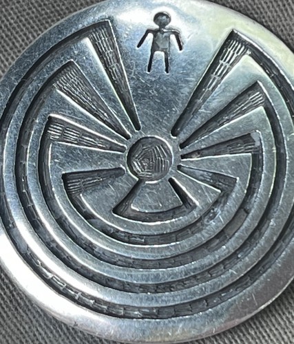 Vintage Hopi Jesse Josytewa Sterling Silver Overlay Man in the Maze Pendant7.33g