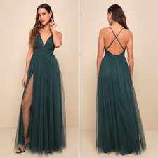 Lulus NWT Rare Beauty Hunter Green Tulle Backless Maxi Dress M High Slit Formal