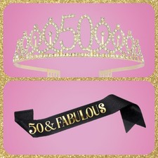 50th Birthday Gold  Rhinestone Tiara  Black Sash with Pin
