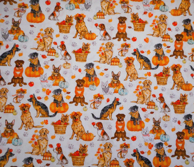 Kaufman Fabric By Yard Autumn Paws Fall Puppy Dogs Pumpkin Leaves White Cotton B