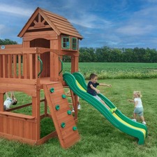 Outdoor Wooden Swing Set Toy Playhouse PlaySet with Slide Rock Wall All Cedar