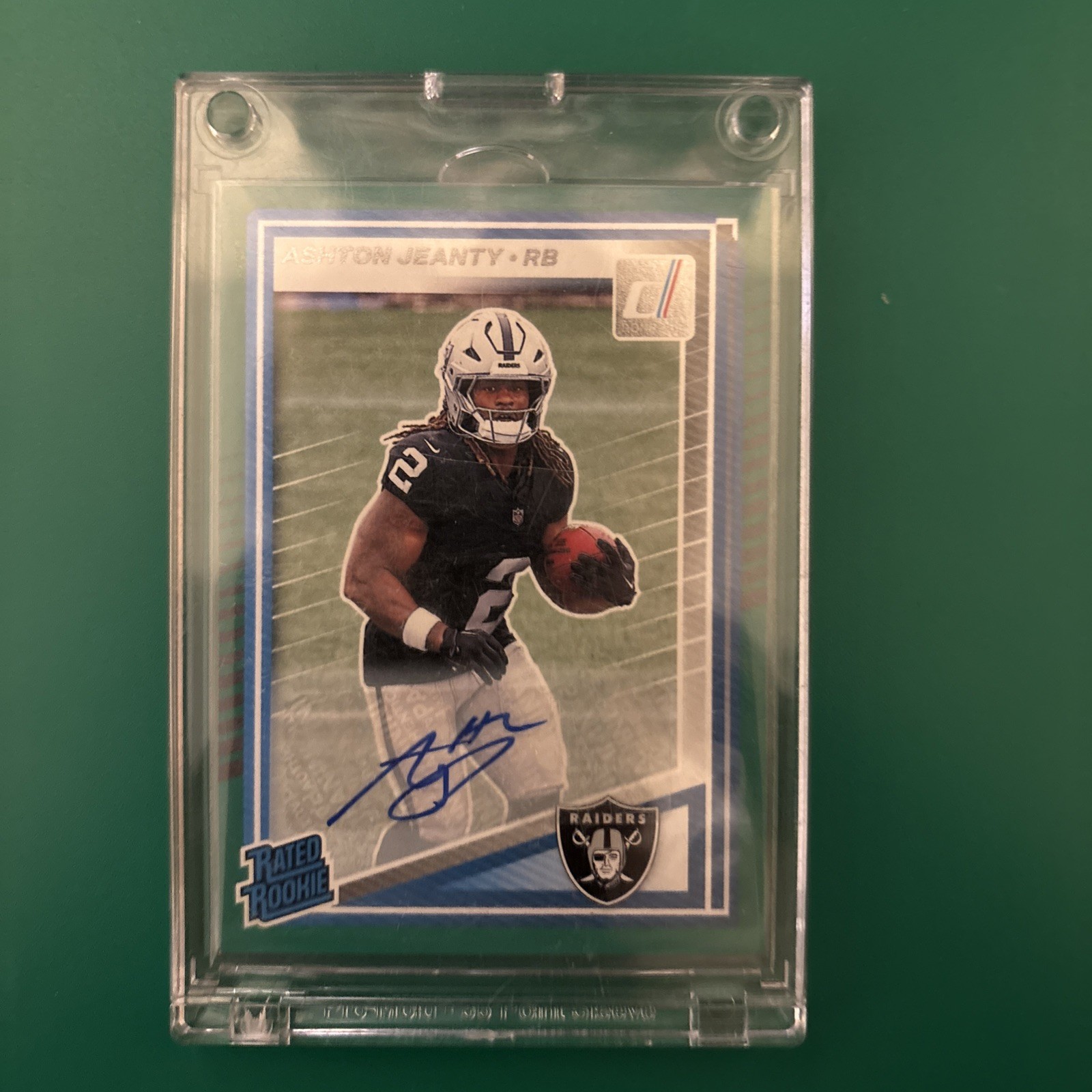 2025 Panini Donruss Rated Rookie Press Proof Green Ashton Jeanty Auto RC #305