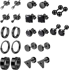 12 Pairs Black Stud Earrings Set Stainless Steel CZ Hoops Barbell Mens UK Styles