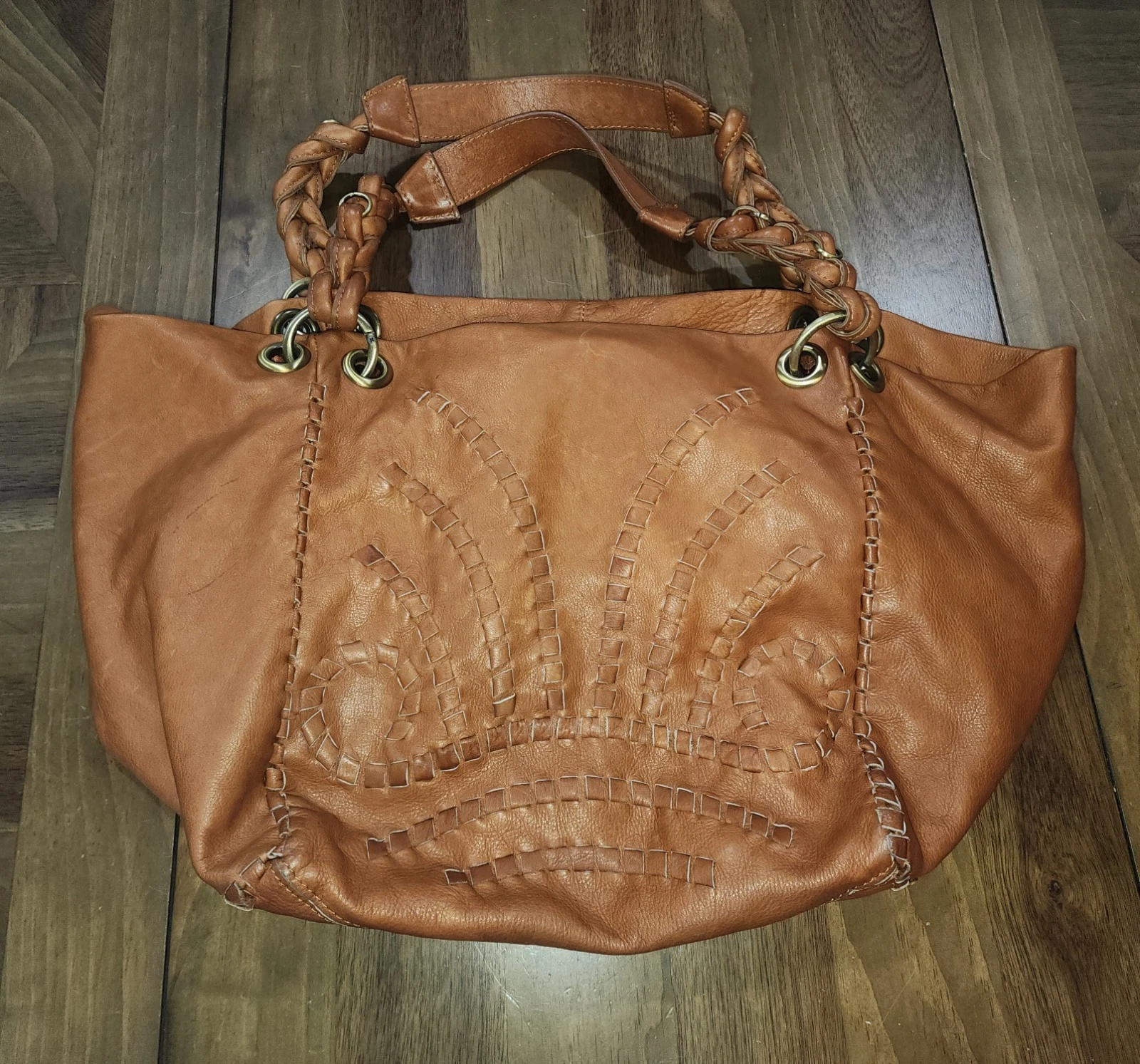 Sabina New York Genuine Leather Handbag Tan Brown Punchout Design Boho
