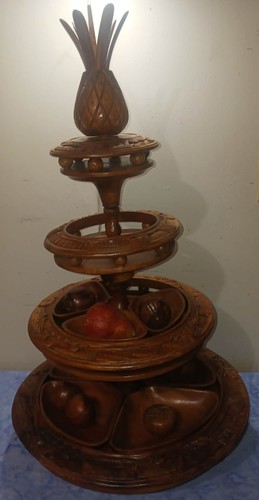 Vintage Hand Carved Teak Hawaii Wood Monkey Pod 4 Tier