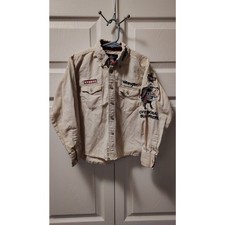 Vtg Wrangler Kids PBR Embroidered Western Shirt Tan Medium 7-8 