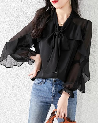 Silk Chiffon Ruffle Sleeve Blouse