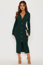 Fashion Nova Jada Ribbed Midi Dress Long Sleeve Hunter Green Size 1X