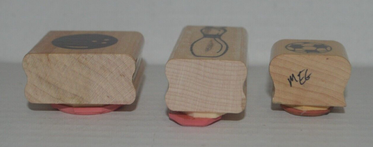 Soccer Ball, Bowling Pin and Bowling Ball Wood Mounted Rubber Stamps Lot of 3