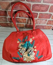 Fiore by Isabella Fiore | Embroidered Floral Leather Shoulder Bag Coral Purse 