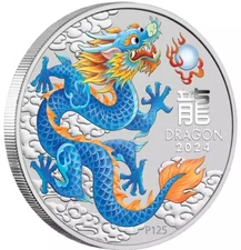 2024-1/2 oz Blue Year Of The Dragon Silver Color Lunar Perth BU Coin .999 🔥🔥