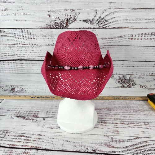 Vamuss Women’s Straw Cowboy Hat W/Vegan Leather Band & Pink Beads Shapeable Brim - Picture 6 of 8