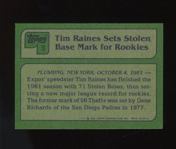 1982 TOPPS HIGHLIGHT #3 TIM RAINES HOF MONTREAL EXPOS