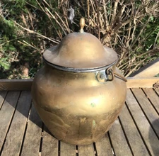 French Antique Brass Copper Ginger 10" Handle Cookie Jar Acorn Lid Pot Urn