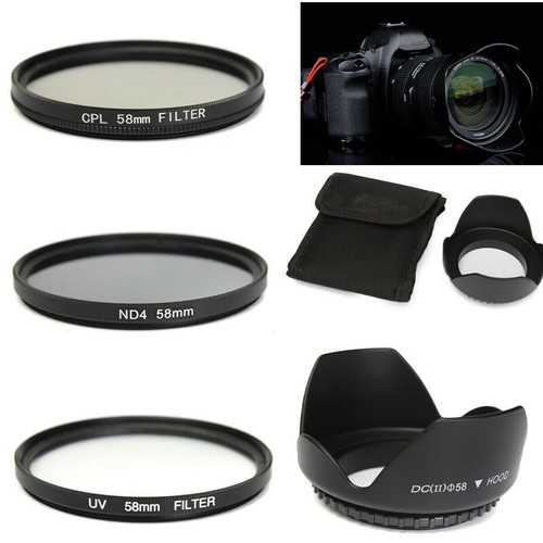 58mm UV CPL ND4 Circular Polarizing Filter Kit + Lens Hood For Canon Camera DSLR - Picture 1 of 7