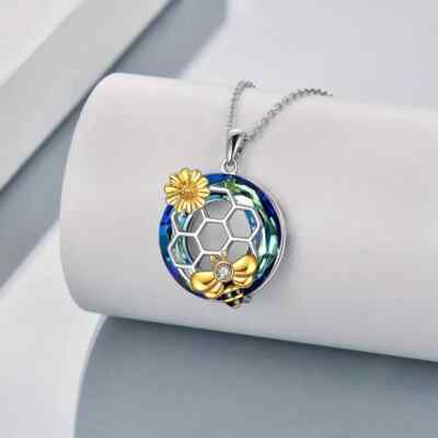 Round Bee & Sunflower Hive Crystal Pendant Necklace Fashion Jewelry Gift
