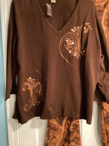 Midnight Velvet Sz 2X 2 Piece Set Sweater And Pants Brown Sequins NWOT - Picture 2 of 10