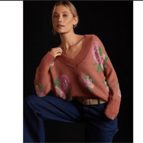 Anthropologie Floral Distressed V-Neck Sweater Size Medium