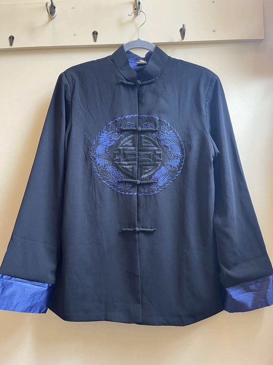 Black Silk Shirt With Embroidered Blue Dragon