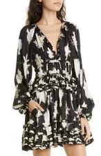 Ulla Johnson Emery Long Sleeve Tie Dye V-Neck Ruffled Skirt Mini Dress, Sz 6