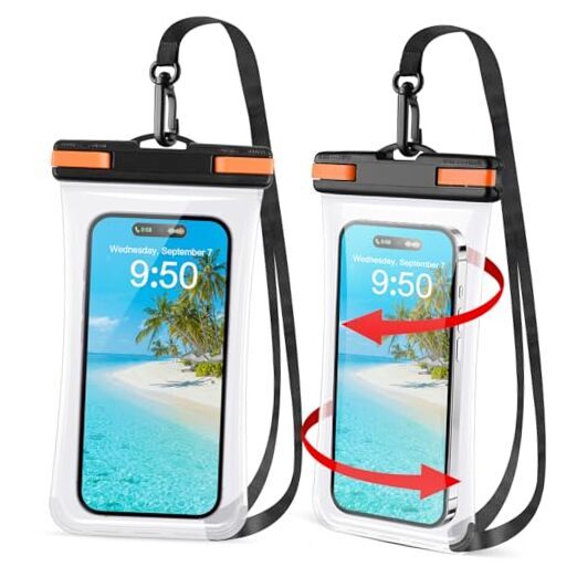 2 Pack Waterproof Phone Pouch [3D Seamless Clear Soft Edges], 2Pcs Black Orange