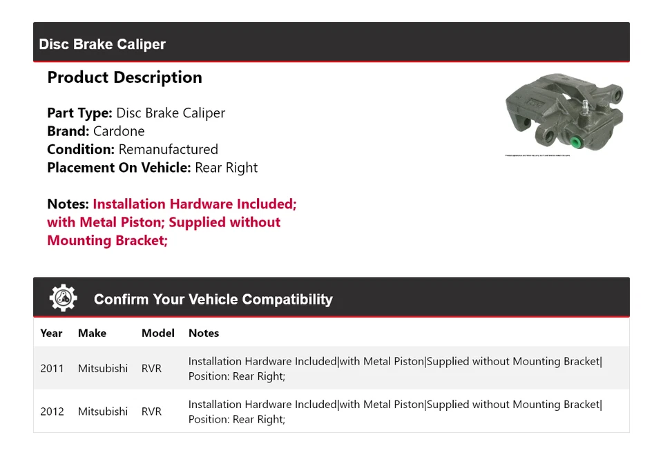 Pinza de freno de disco trasera derecha cardone para Mitsubishi RVR 2011-2012 Foto 2 de 4