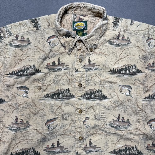 Cabelas Shirt Mens Large Tall Beige Fishing All Over Print Outdoor Short Sleeve - Picture 2 of 8
