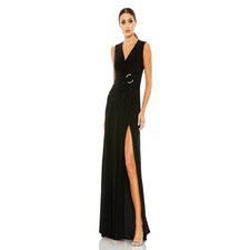 Mac Duggal 26290 Ruched Waist High Slit Black V-Neck Sleeveless Gown 4 NWT