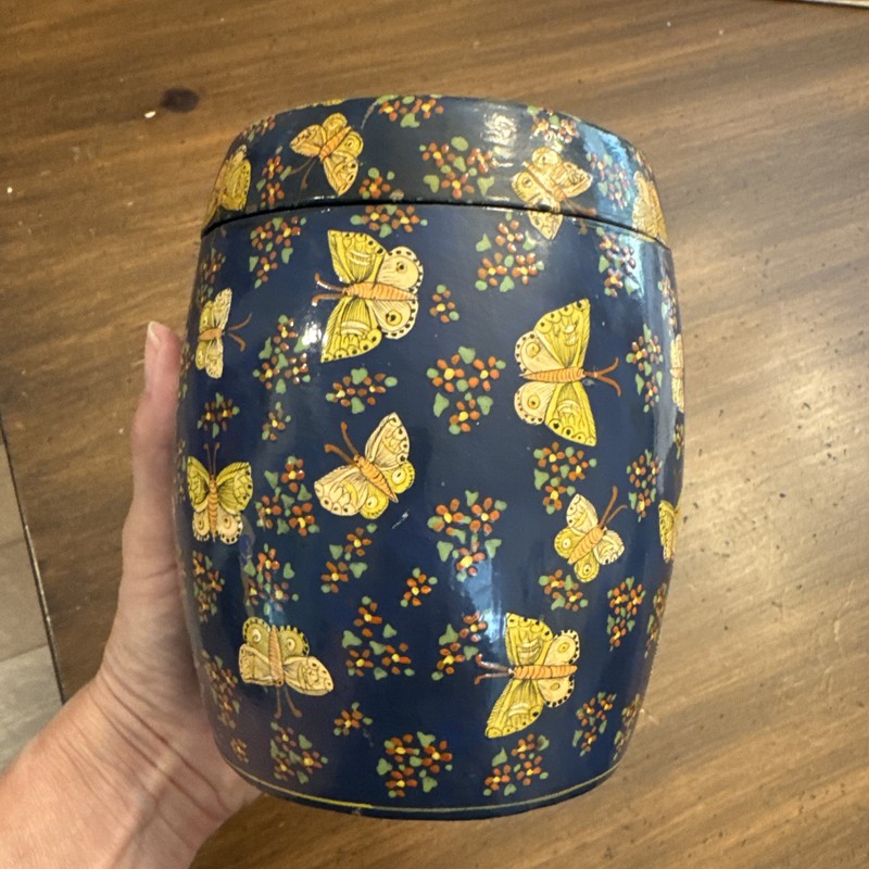 Kashmir Butterfly Canister W/brass Interior. Hand made In India. 1980s