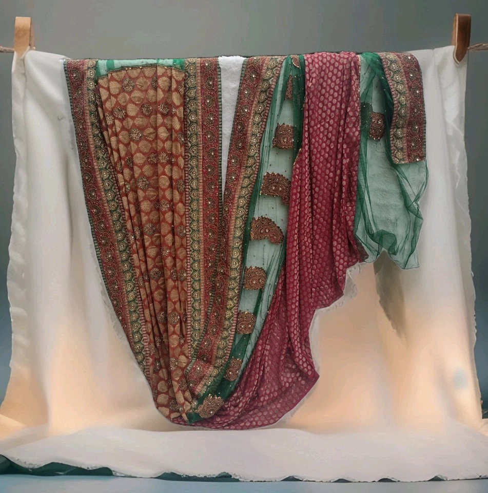 Raro panel Dupatta nupcial Zardozi textil indio bordado a mano de 18 pies rojo verde Foto 2 de 4