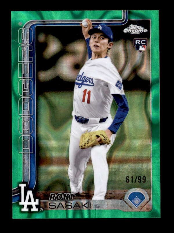 ROKI SASAKI 2025 TOPPS CHROME #217 ROOKIE GREEN RAYWAVE REFRACTOR #61/99 T6575