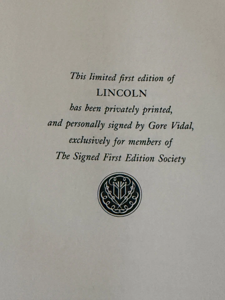 Lincoln Gore Vidal ПОДПИСАННАЯ библиотека Франклина 1-е издание кожа HC 1984 оригинальная банкнота - Изображение 3 из 4
