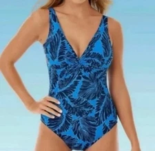 Dreamsuit Tropical Blue Swimsuit Tropical Leaves Print One Piece Swimsuit Size 8