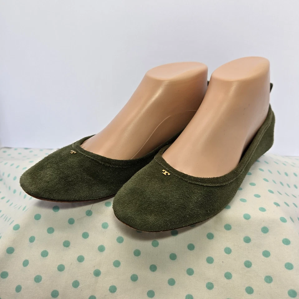 Sapatilhas de balé femininas TORY BURCH Therese couro camurça verde tamanho 6.5 - Imagem 2 de 4