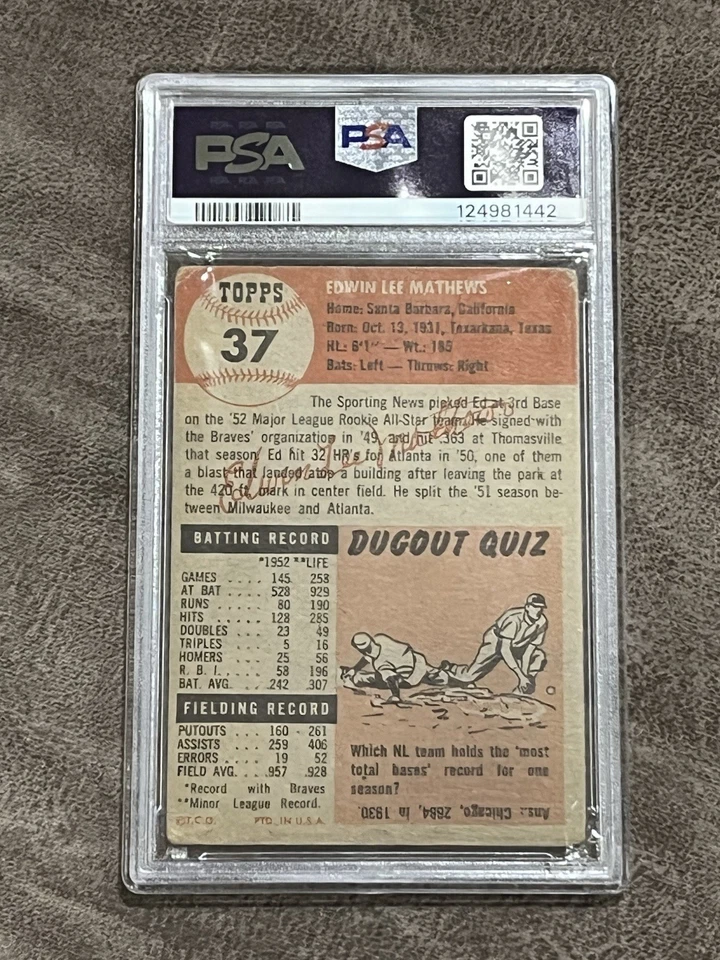 1953 Topps Ed Eddie Mathews #37 PSA 1 Boston Braves HOF Legend 2º ano! - Imagem 2 de 2