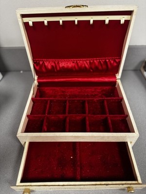 Vintage Mele Jewelry Box Creme Leather Gold Embossed Hollywood Regency MCM