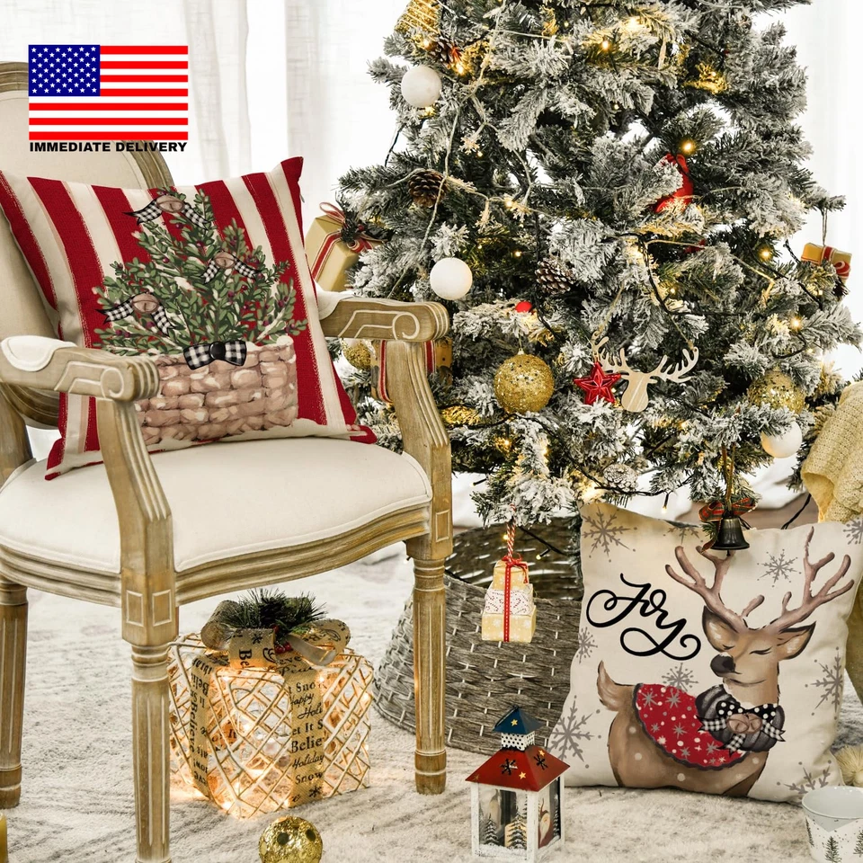 Christmas Snowman Reindeer Gloves Eucalyptus Red Throw Pillow Covers, 18 X 18 In - Image 3 of 4