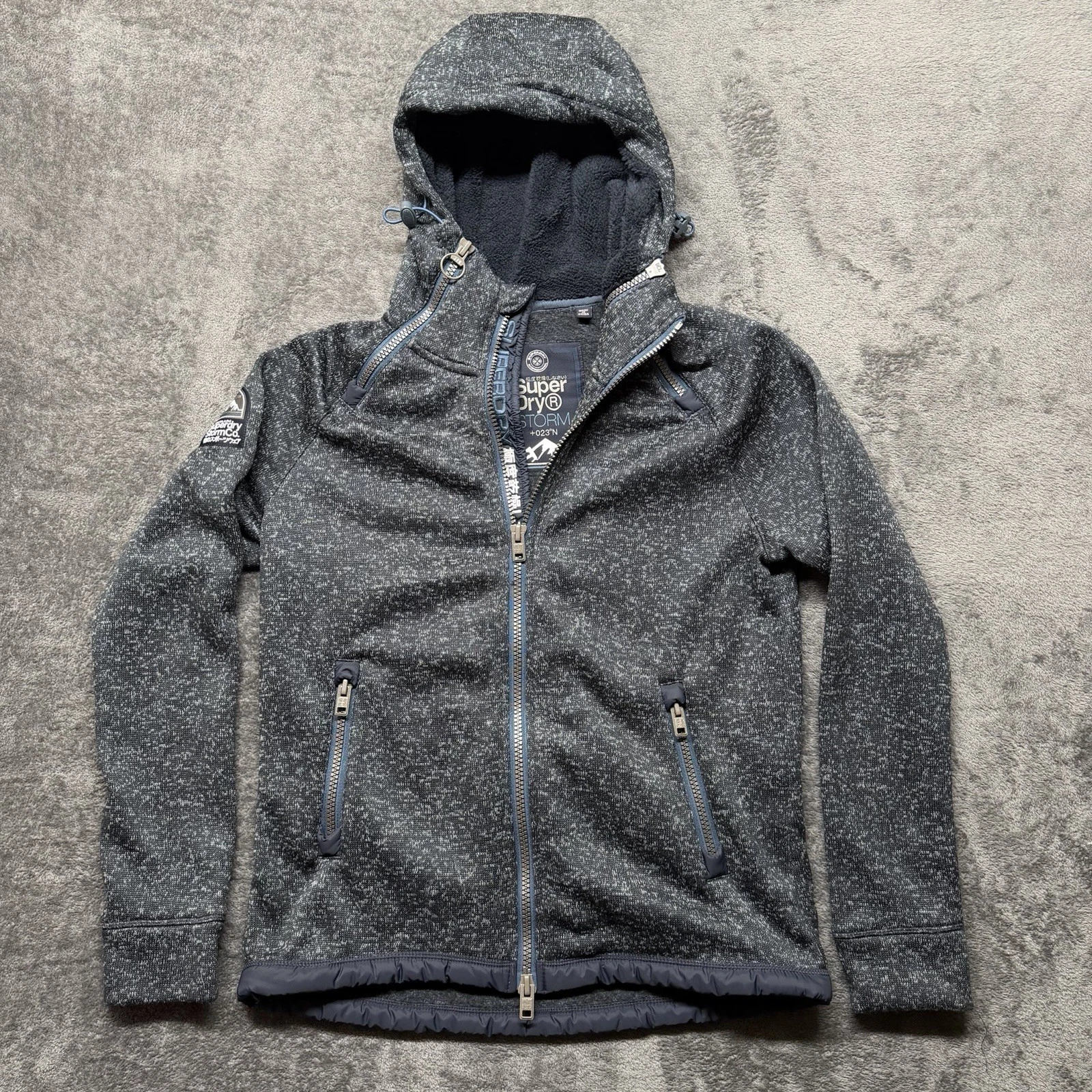 Superdry Jacket Mens XL Heather Blue Mountain Storm Double Zip Hood Fleece Japan
