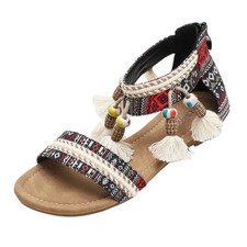 Women's Boho Tribal Beaded Sandals Size 37 Tassel Aztec Gladiator Flat Summer