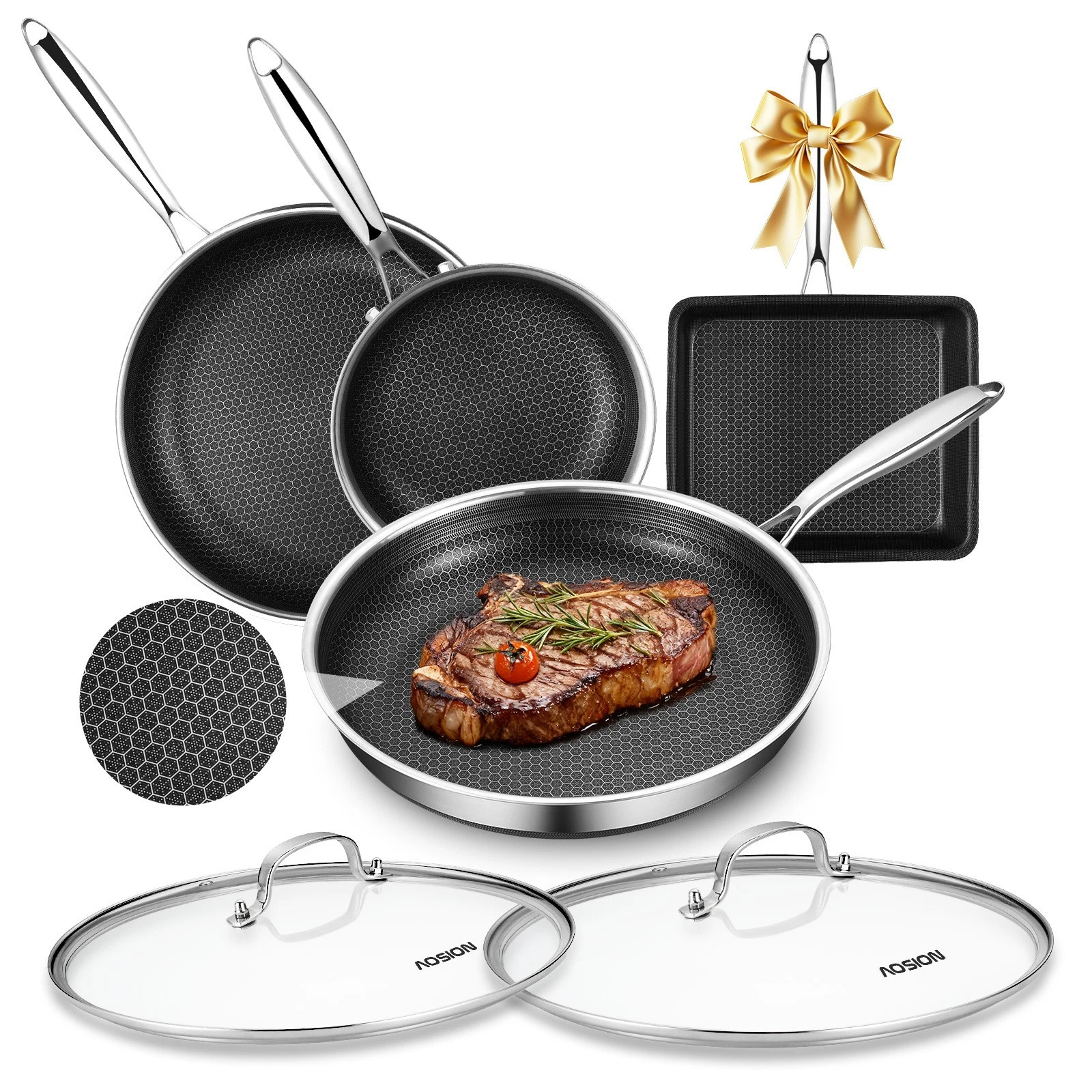 AOSION 4PCS Stainless Steel Cookware Set 8"/10"/12" Frying Pans & 9" Baking Pan