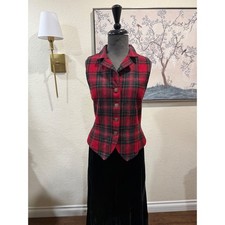 Classiques Entier Red Plaid Wool Vest Womens Medium Made in Japan Tartan Button