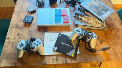 Sony PS2 Slim Silver Console Bundle 2 Controllers 4 Memory Cards 6 Games Tested