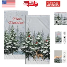 Winter Pine Tree Hand Towels for Bathroom 2 Packs Deer Forest Woodland Snowfl...