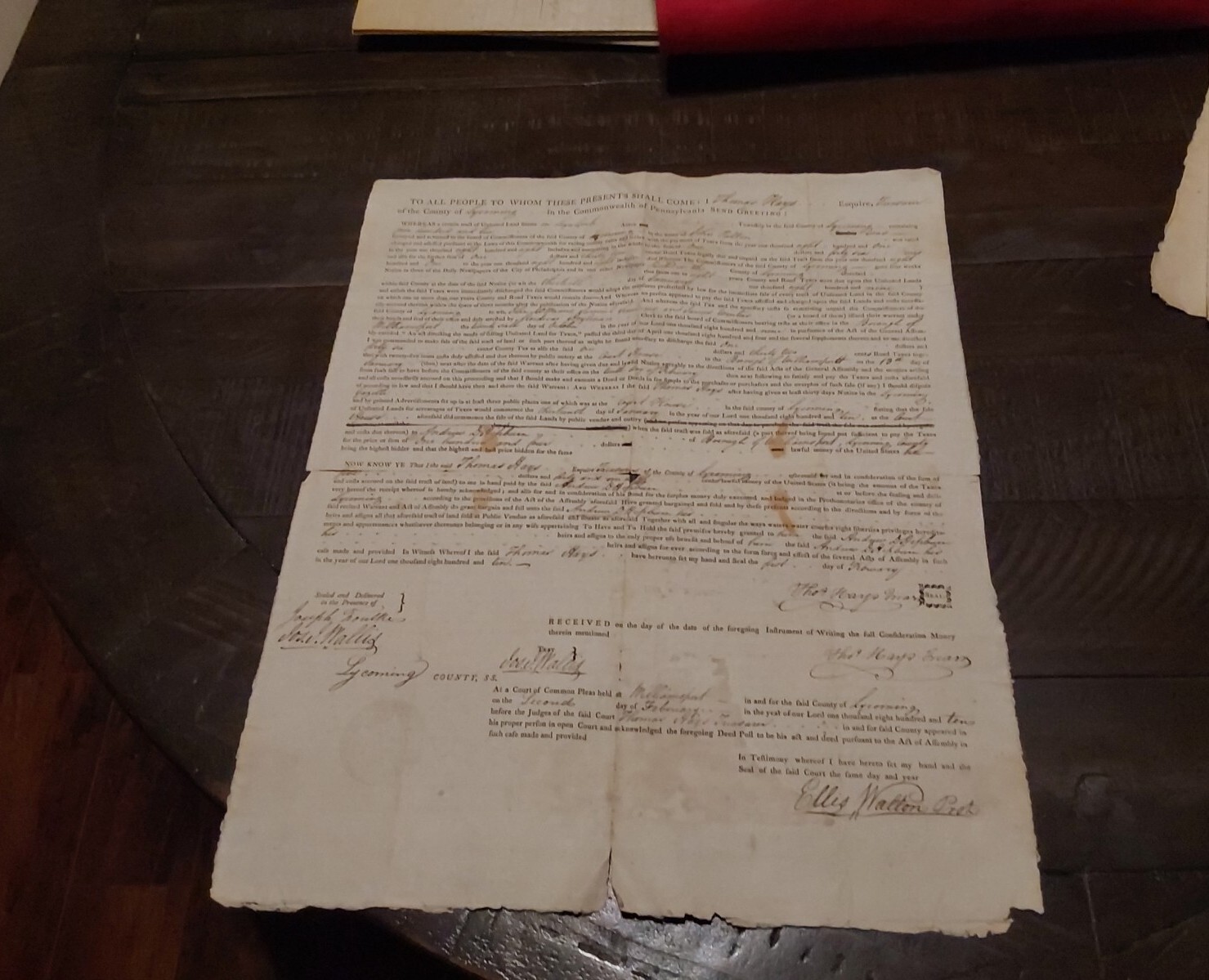 1810 Land Deed Loyalsock Twp County PA John Patton Thomas Hays