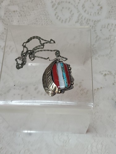Native Sterling Silver Turquoise Coral Onyx Mother Pearl Pendant And Chain - Picture 5 of 12