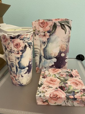 NIB BEAUTIFUL Floral Elephant Ceramic Travel Mug with Lid and Handle Reusable